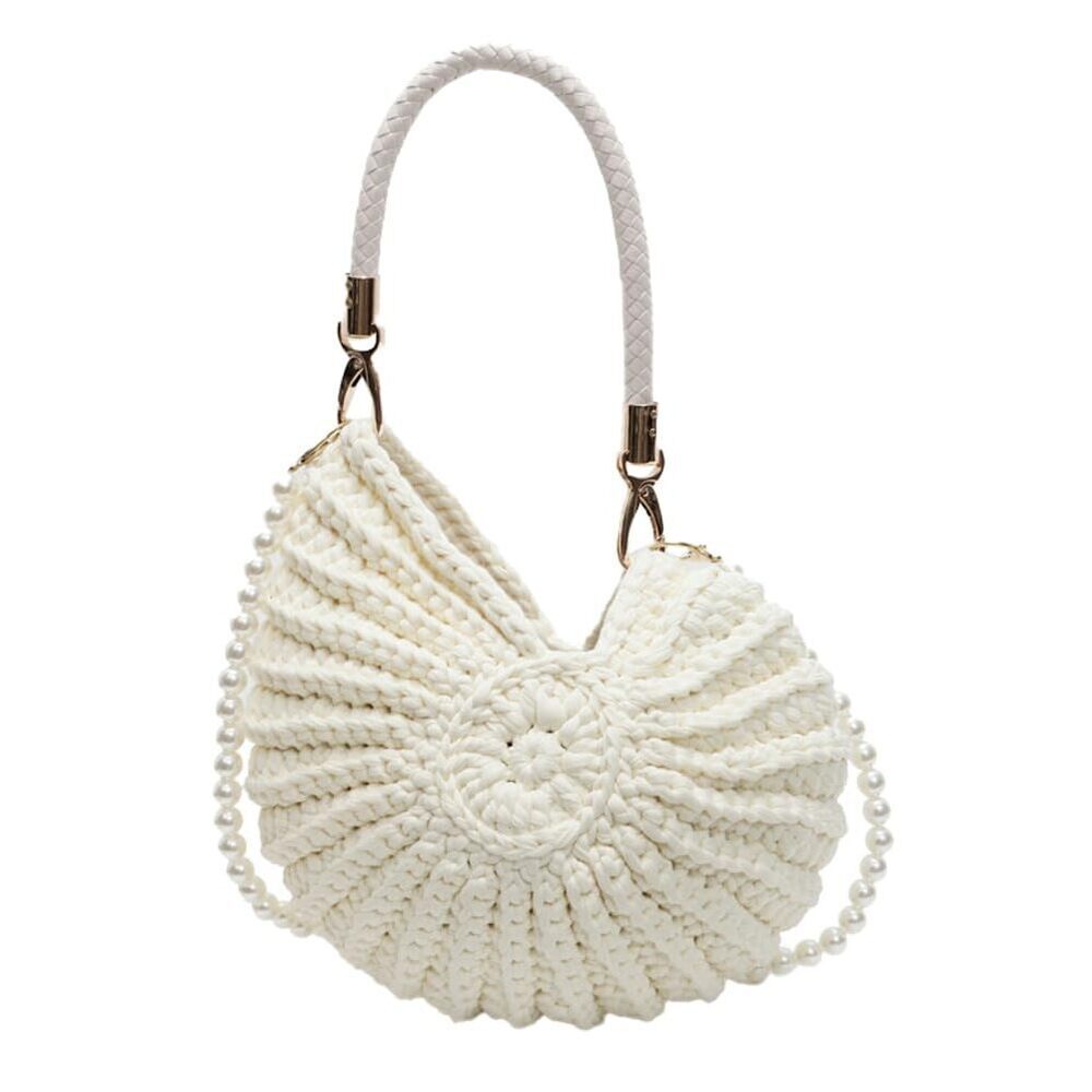 1023 Crochet Seashell Purse Pearl Chain Woven Evening Bag Knit Shell Shaped